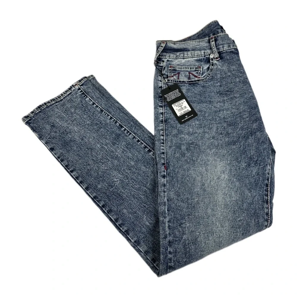 True Religion Jeans Mens 34 Ricky Big T Relaxed Straight Medium Aventurine Blue